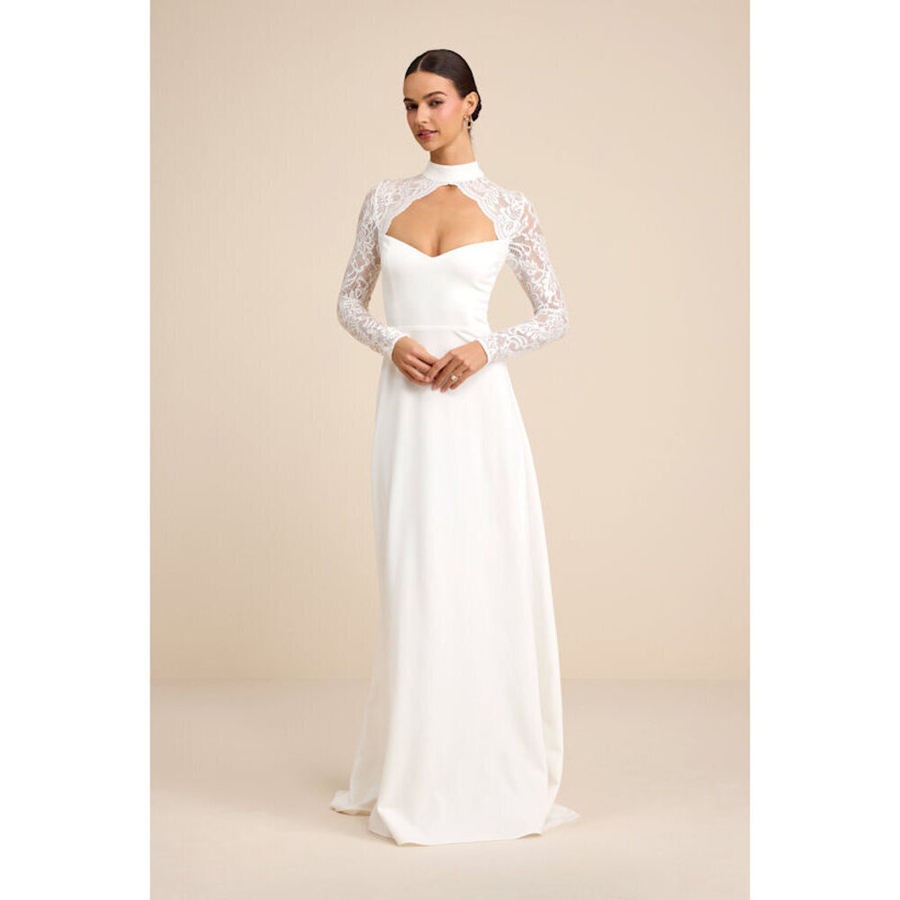 Lulus Keeley Lace Mock Neck Long Sleeve Maxi Dress White - Size M